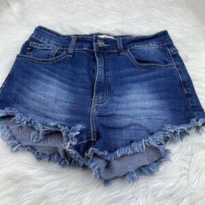 Kancan Distressed Denim Jean Cut Off Booty Shorts Fringe Size 9/28 KC6033M Blue